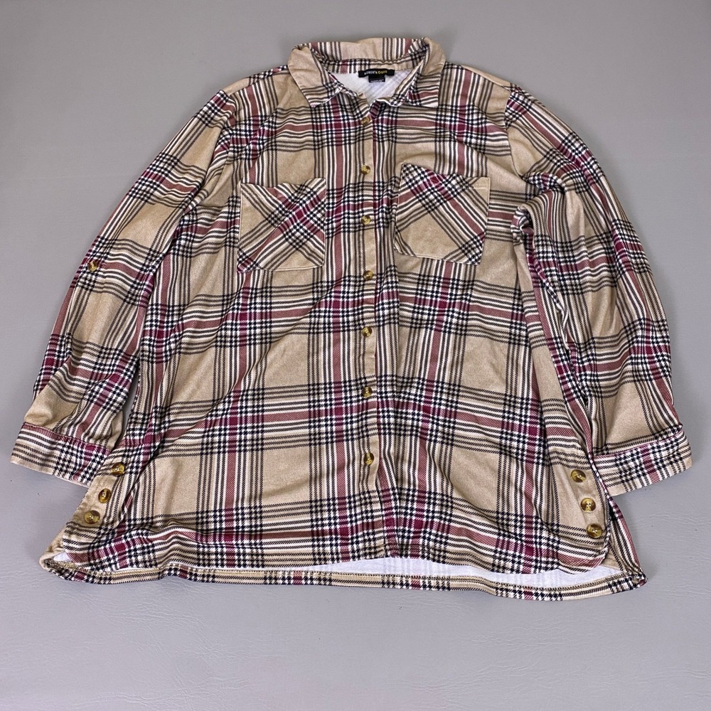 Robert Louis Flannel Button Down Shirt Women's 3X Plaid Tan Burgundy Long Sleeve
